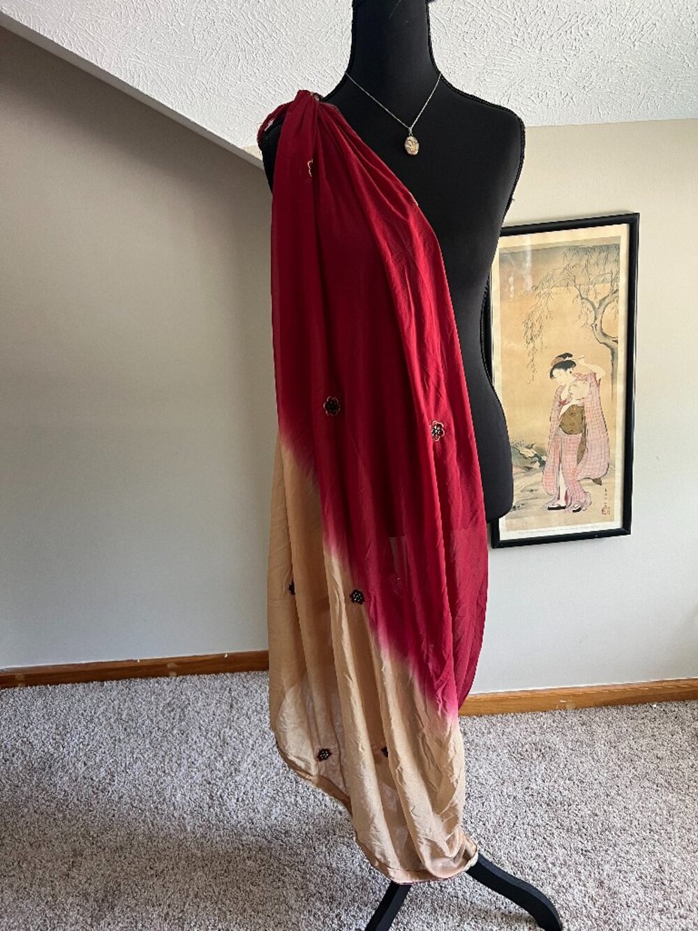 Red Gold Shaded Chiffon Scarf Shawl Dupatta Beaded Embroidered Boho 33x84